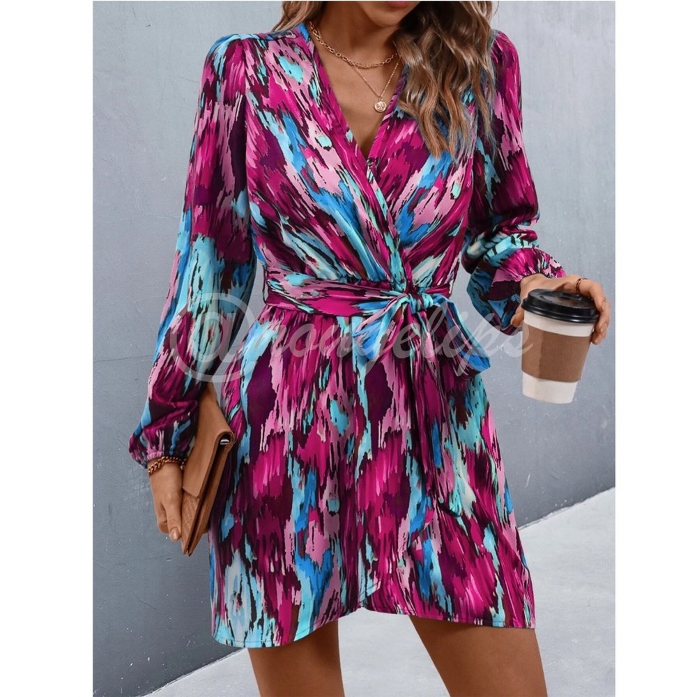 Printed Blue Purple Pink Wrap Short Dress Tie Belt Long Lantern Sleeve